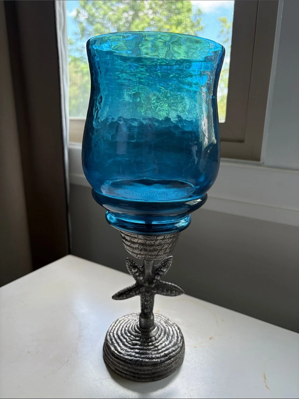 Pair of Ocean Blue Glass Hurricane Starfish Cast Metal Candle Holders